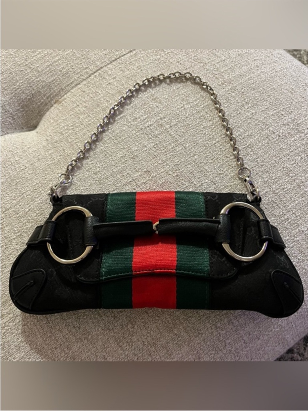 Green Suede Shoulder Bag with Red & Green Web Stripe damaged